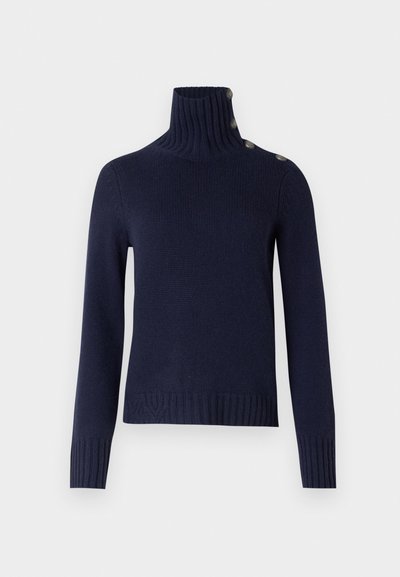 Navy blue knitted sweater with a high ribbed collar, three button accents at the neck, and a textured ribbed hem.