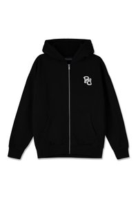 Felpa nera con zip, realizzata in cotone, dotata di una tasca frontale, con un logo bianco sul lato sinistro del petto e polsini e orlo a costine.