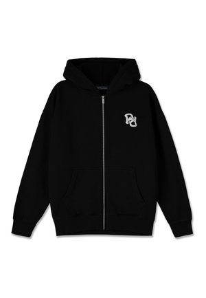 Schwarze Zip-up-Trainingsjacke aus Baumwolle mit einer Fronttasche, die ein weißes Logo auf der linken Brust und gerippte Bündchen und Saum hat.
