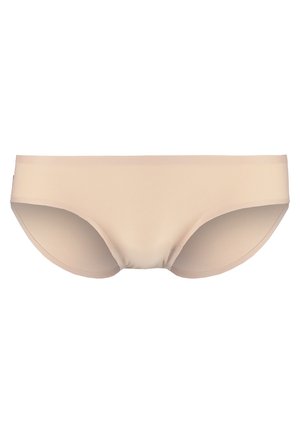 Beige sømløs bikini undertøy med en glatt tekstur, lavt liv og minimal dekning. Ingen synlig merkevare eller mønstre.