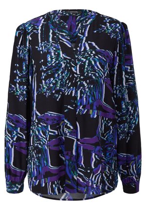 Langärmelige Bluse mit schwarzer Basis und abstraktem geometrischem Muster in Blau, Lila, Weiß und Grün, mit V-Ausschnitt und Knopfverschluss.
