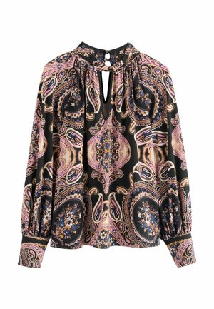 Langarmblouse met roze, zwart en crèmekleurige paisley- en bloemmotieven, keyhole-halslijn en knoopsluiting bij de kraag.