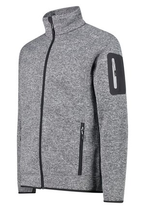 Herren grau Jacke mit durchgehendem Reißverschluss, hohem Kragen, strukturierter Stoff, Reißverschlusstaschen mit schwarzem Rand und Reißverschlusstasche am linken oberen Ärmel.