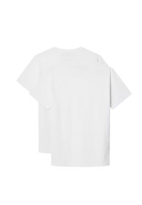 Dos camisetas blancas lisas de algodón, con mangas cortas y cuello redondo, expuestas de espaldas.