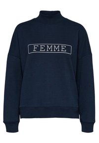 Sweatshirt blu navy in misto cotone, con un collo alto e grande scritta "FEMME" in bianco centrata sul davanti.