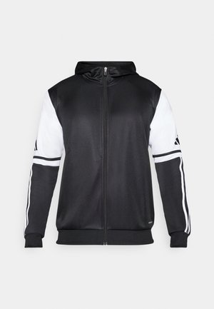 Zwarte zip-up hoodie met witte mouwen en drie witte strepen langs de armen. Gemaakt van een gladde, lichte stof. Inclusief ontwerp van de hoodie.