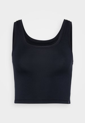Black cropped tank top made of smooth fabric. Features wide shoulder straps and a rounded neckline. Simple design with no visible patterns.