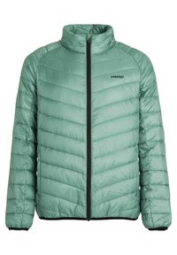 Zeleni pufferjakna s visokim ovratnikom, vertikalnim kvadratnim uzorkom, prednjim patentnim zatvaračem i crnim rubovima duž manžeta i donjeg dijela.