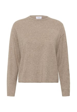 Beige pitkähihaine paita, joka on valmistettu pehmeästä kankaasta. Paidan pyöreä pääntie ja rento mitoitus tekevät siitä mukavan muun muassa arkikäyttöön. Yksinkertainen muotoilu yhdistettynä sileään tekstuuriin.
