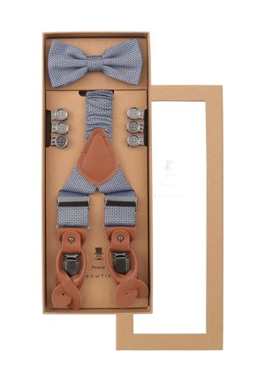 Blue and white patterned bow tie and suspenders with brown leather accents, metal clips, and six button attachments in a cardboard box.