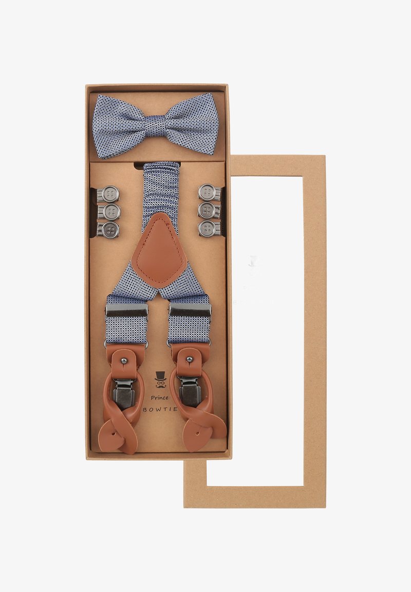 Blue and white patterned bow tie and suspenders with brown leather accents, metal clips, and six button attachments in a cardboard box.