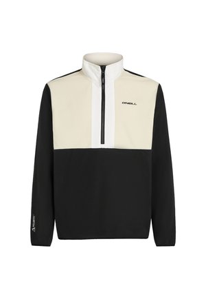 Pull noir et crème avec un zip quart et un col haut. Présente un logo sur la poitrine et des poignets élastiques. Fabriqué en tissu doux, comprend la marque Polartec.