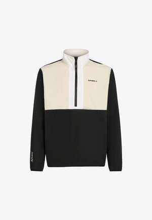 Pull noir et crème avec un zip quart et un col haut. Présente un logo sur la poitrine et des poignets élastiques. Fabriqué en tissu doux, comprend la marque Polartec.