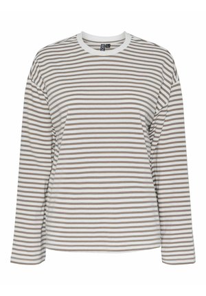 Chemise à rayures à manches longues en beige et blanc, col rond, en coton doux, coupe ample, présentant des rayures horizontales uniformes.