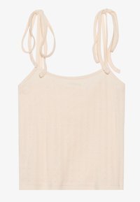 Lys beige camisole med justerbare knytte-stropper, der har et struktureret stof med diskrete lodrette striber og små dekorative mønstre.