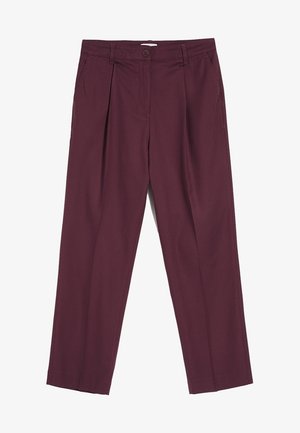 Pantalon bordeaux à coupe droite, avec plis, fermeture à boutons et poches latérales. Confectionné dans un tissu lisse.