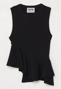 Haut noir sans manches en maille côtelée avec ourlet volanté asymétrique, col rond, et étiquette Moschino Jeans à l'intérieur du col.