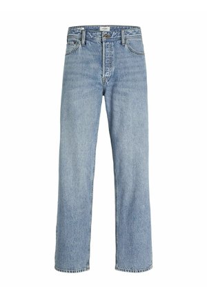 Jean en denim bleu clair avec une coupe droite, taille haute, style cinq poches et décoloration légère, avec fermeture à bouton en métal.