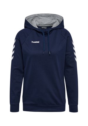 Mørkeblå Hummel hættetrøje med gråt indvendigt foer, frontlogo, snore og hvide chevronstriber på ærmerne.