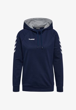 Mørkeblå Hummel hættetrøje med gråt indvendigt foer, frontlogo, snore og hvide chevronstriber på ærmerne.