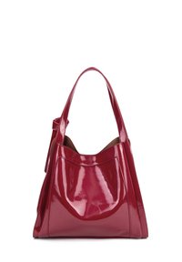 Borsa tote in pelle sintetica rossa con una forma strutturata, spallacci morbidi e larghi, e una tasca frontale per una maggiore utilità.