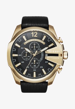 Schwarze Lederarmbanduhr mit einem Gehäuse aus goldfarbenem Edelstahl. Zifferblatt in Schwarz mit goldenen Stundenmarkierungen, drei Unterzifferblättern und Datumsanzeige.