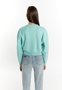 Lichtblauwe cropped sweatshirt met een ronde halslijn en dropped shoulders, gecombineerd met high-waisted vervaagde blauwe jeans met een achterzakdetail.