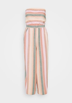 Combinaison rayée avec un design bustier, présentant des motifs verticaux dans des tons pastels de rose, pêche et vert ; taille élastiquée, jambes larges.