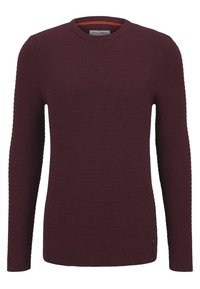Bordeauxfarbener Strickpullover mit einem strukturierten Muster, rundem Halsausschnitt, langen Ärmeln und gerippten Bündchen. Enthält einen orangefarbenen Akzent im Kragen.