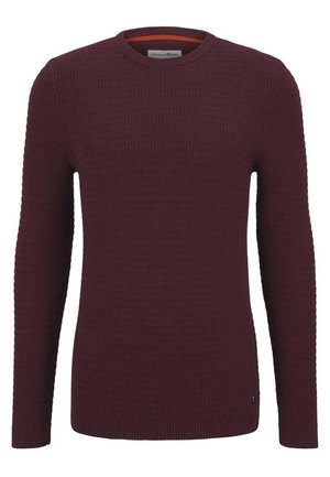 Burgundy knit sweater with a textured pattern, round neckline, long sleeves, and ribbed cuffs. Includes an orange accent inside the collar.