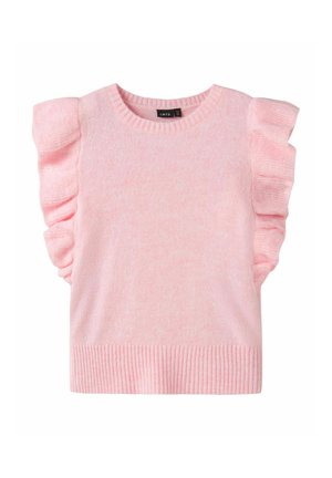 Pehme roosa kudumata varrukateta pluus, millel on õlgadel volangid ja soonikserv.