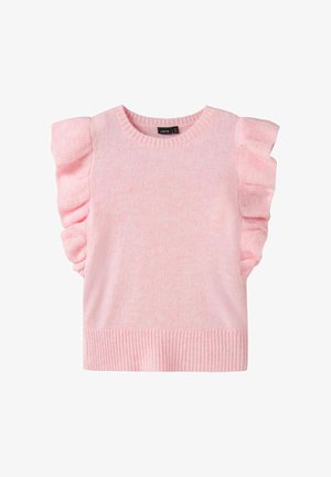 Pehme vaaleanpunainen neulottu hihaton paita, jossa on röyhelöiset olkapääyksityiskohdat ja resorireuna.