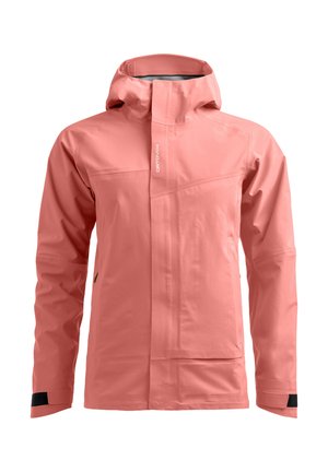 Light pink waterproof jacket with a hood, front zip, and elastic cuffs. Features a sleek design and minimalistic logo on the chest.