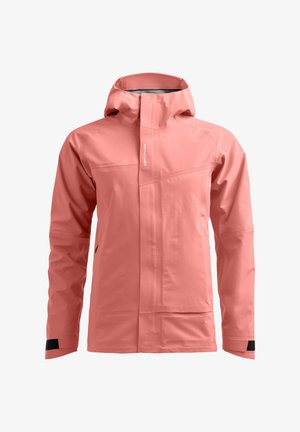 Light pink waterproof jacket with a hood, front zip, and elastic cuffs. Features a sleek design and minimalistic logo on the chest.