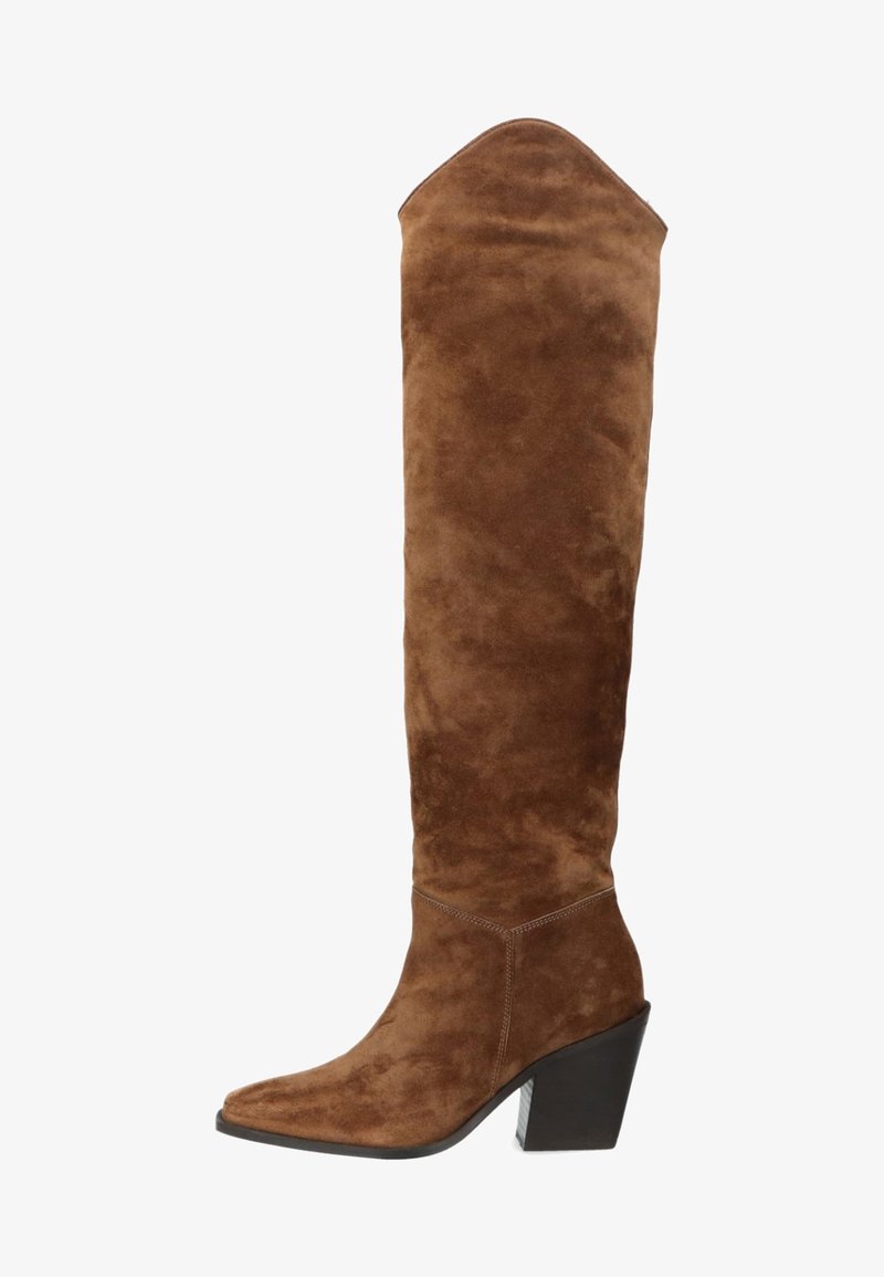 Braune Wildleder-Stiefel mit hohem Schaft, spitzer Zehenform, weitem Schaft und einem klobigen schwarzen Absatz. Glatte Textur mit sichtbaren Nähdetails.