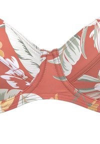 Ziedu bikini tops ar terakotas krāsu fonu, zaļām lapām un baltām ziediem. Gluda auduma, kontūrveida forma un pastiprināta šuvju detaļa.