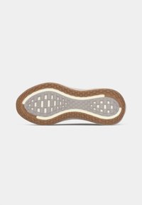 Shoe sole with a brown outer edge and gray central tread area featuring rectangular and square patterns for traction.