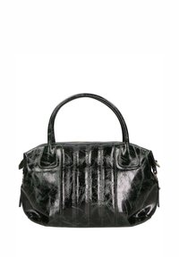 Borsa a mano in pelle verde scuro con finitura strutturata, dotata di due manici e chiusura con zip. Il corpo presenta delle bande di cucitura verticali.