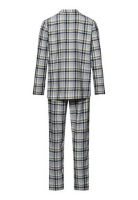 Kostkovaný oblek v šedé, zelené a námořnické modři, obsahující jednoradový blazer a odpovídající kalhoty, hladká tkanina s kostkovaným vzorem.