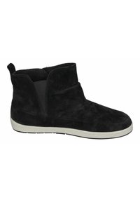 Black suede ankle boots with a flexible design, featuring elastic side panels and a white rubber sole. Smooth texture with minimal stitching.