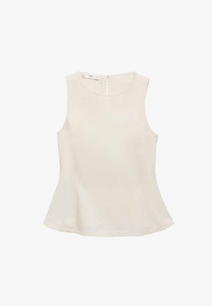 Jasnobeżowy bezrękawnik z okrągłym dekoltem, delikatnym rozkloszowaniem u dołu i dyskretnym zamkiem błyskawicznym z tyłu. Miękka tkanina, minimalistyczny design.