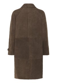 Brown suede coat with a straight cut, large collar, and long sleeves. Features a button detail on sleeve cuffs and a smooth texture.
