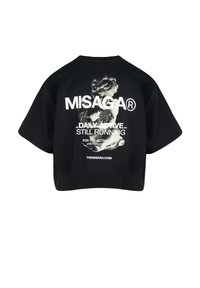 Zwarte cropped t-shirt van katoen, met witte grafische tekst en een patroon op de achterkant, met een comfortabele fit en korte mouwen.