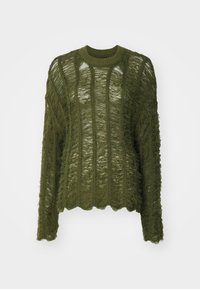 Olivgrüner, langärmeliger Pullover aus strukturiertem, durchsichtigem Stoff mit wellenförmigem horizontalem Muster und gewelltem Saum.