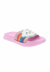 Infradito rosa con un design a nuvola e un volto sorridente, accompagnato da strisce arcobaleno colorate sulla cinghia. Realizzato in materiale flessibile.