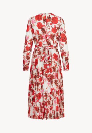 Bloemige jurk met lange mouwen, witte achtergrond, rode en roze rozen, geplooide rok, strik op de taille en kraagdetail.