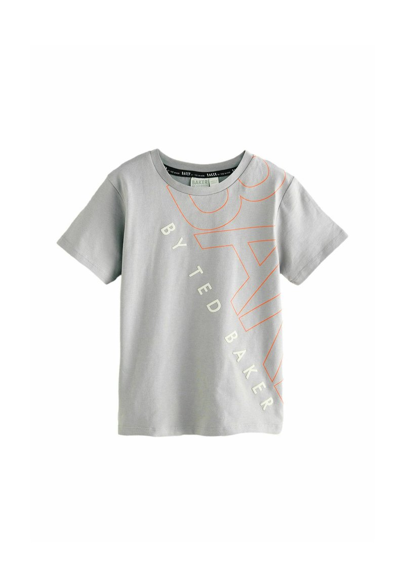 Grå bomulds t-shirt med korte ærmer, med store hvide og orange tekstgrafikker. Rund halsudskæring med en afslappet pasform.