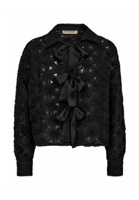 Crna bluza s dugim rukavima, s teksturiranim cvjetnim uzorkom, prozirnom tkaninom i tri satenske mašne duž prednje strane.