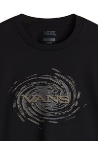 Zwarte katoenen t-shirt met een spiraalafbeelding in goud, met de merknaam "VANS" prominent in het midden weergegeven.
