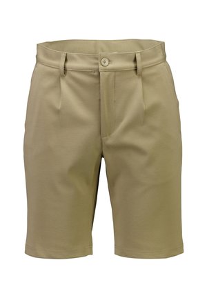 Beżowe męskie szorty na miarę z pętelkami na pasek, zapięciem na guzik, przednimi plisami i bocznymi kieszeniami.
